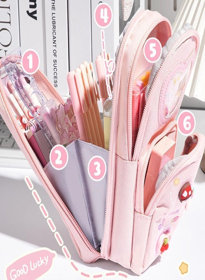 سيميكسيسن مقلمة سيمكسن بريميوم بثلاثة أقسام، حقيبة أقلام كبيرة السعة، حقيبة أقلام هابي تايم للأطفال، حقيبة أدوات مكتبية متعددة الوظائف لطالبات المدارس (هابي تايم) (وردي) - Image 3